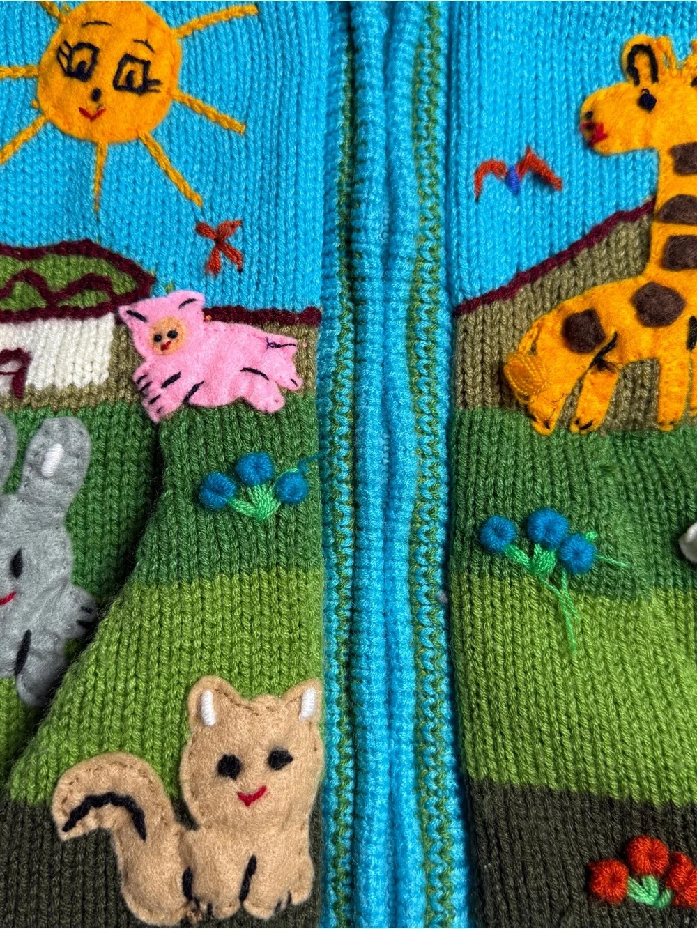 Handknit Peruvian Zip Up Hooded Sweater Lucy Iburg 4T Colorful Animals Landscape